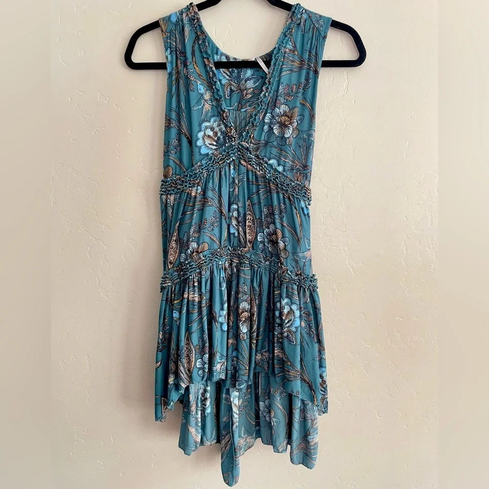 🌎Free People Floral Haze Hummingbird Turquoise Boho Tunic NWT~Small - Picture 2 of 13